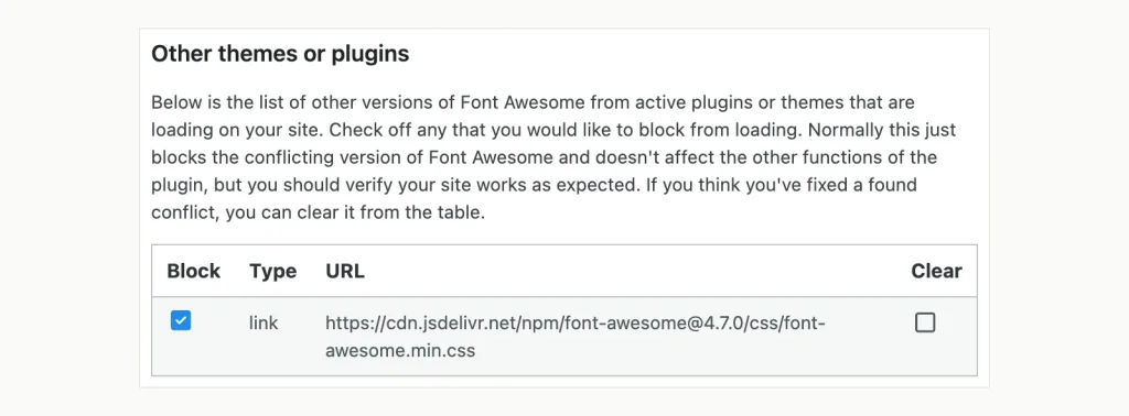 Screenshot of the Font Awesome plugin Troubleshoot tab listing a font-awesome 4.7.0 stylesheet from jsDelivr under Other themes or plugins, with its Block box ticked.