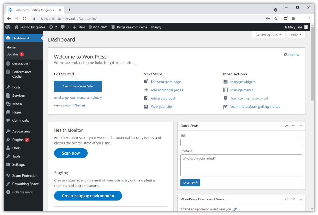 WP dashboard