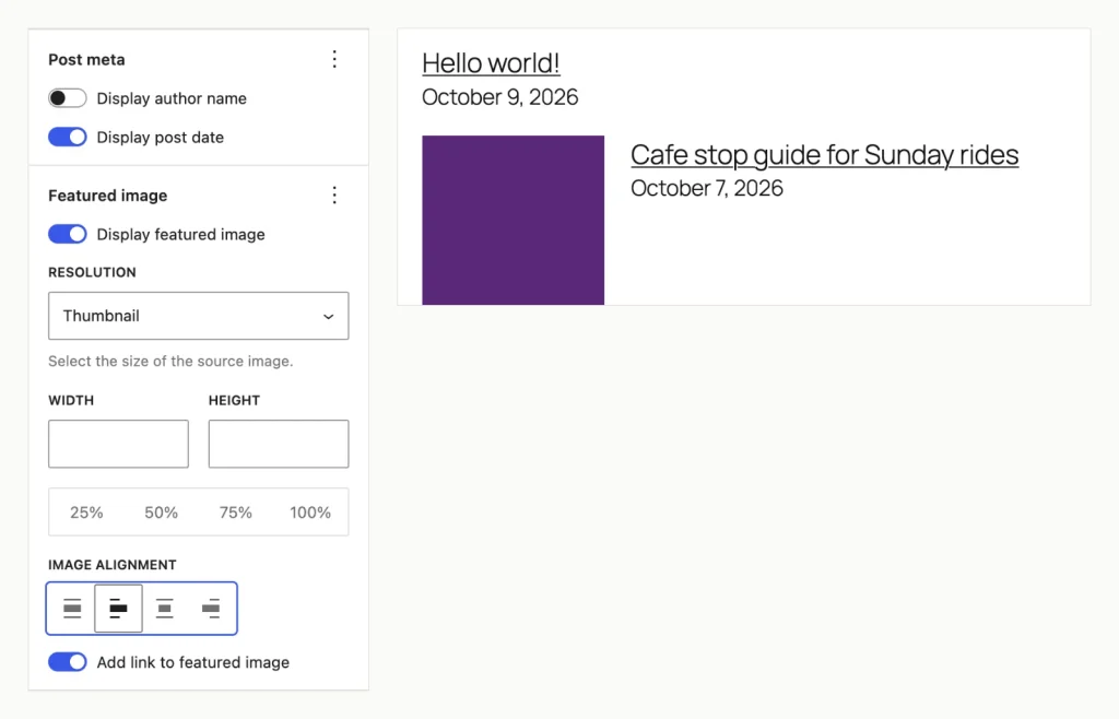 Two-panel screenshot: Latest Posts settings with post date and featured image on and left image alignment, beside the resulting list in a site footer.