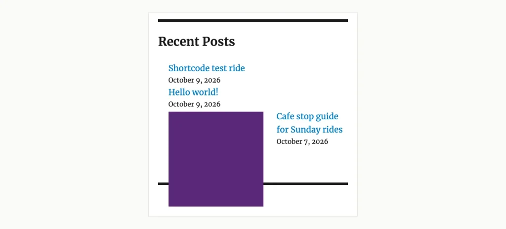 Screenshot of the Twenty Sixteen sidebar with a Recent Posts heading and three post links with dates, one with a square thumbnail.