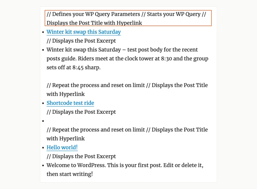 Screenshot of a page where old recent posts code printed comment lines such as // Displays the Post Excerpt between the post links.