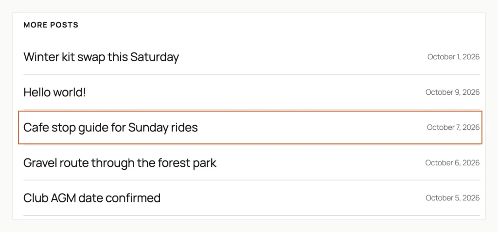 Screenshot of a five-item More posts list with a sticky post dated October 1 on top and the post being read outlined third.