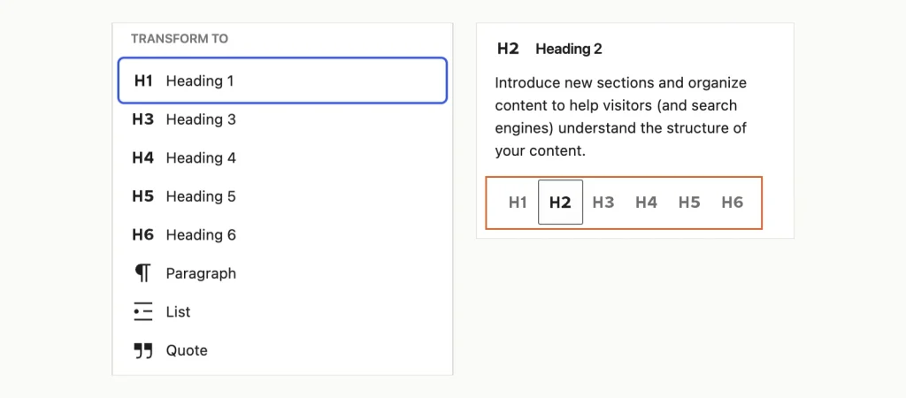 Screenshot of the WordPress Heading block: the Transform to menu listing Heading 1 to 6, and the sidebar with H1 to H6 buttons and H2 selected.