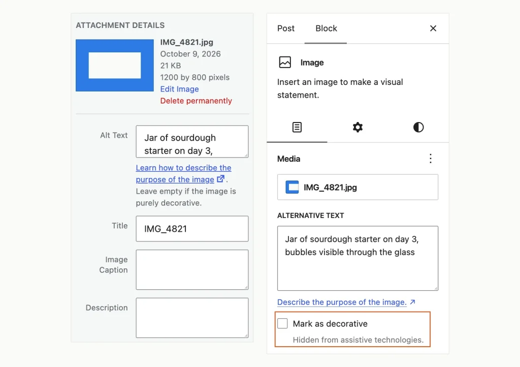 Screenshot of the Media Library Alt Text field next to the Image block sidebar, showing the same alt text and the Mark as decorative checkbox below it.