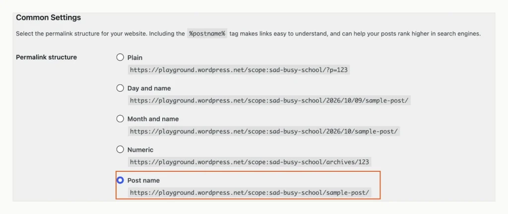 Screenshot of the WordPress 7.1.3 Permalink Settings screen with Post name selected among Plain, Day and name, Month and name and Numeric.