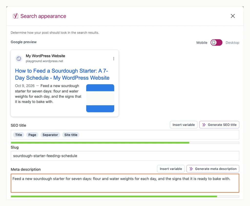 Screenshot of the Yoast SEO 28.6 Search appearance window with a Google preview, the SEO title variables, the slug and a hand-written meta description.
