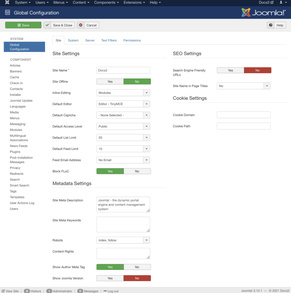 Joomla global configuration