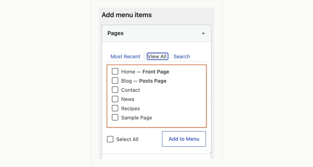 Screenshot of the Appearance Menus Pages box on the View All tab, listing Home as Front Page and Blog as Posts Page.