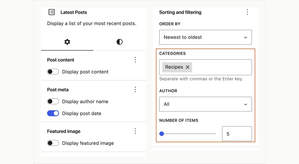 Two-panel screenshot of Latest Posts block settings: display toggles with the post date turned on at left, and the Recipes category with Number of items set to 5 at right.
