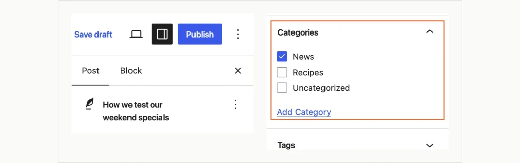 Two-panel screenshot of the WordPress post editor: the Publish button and Post tab on the left, and the Categories panel with News ticked on the right.
