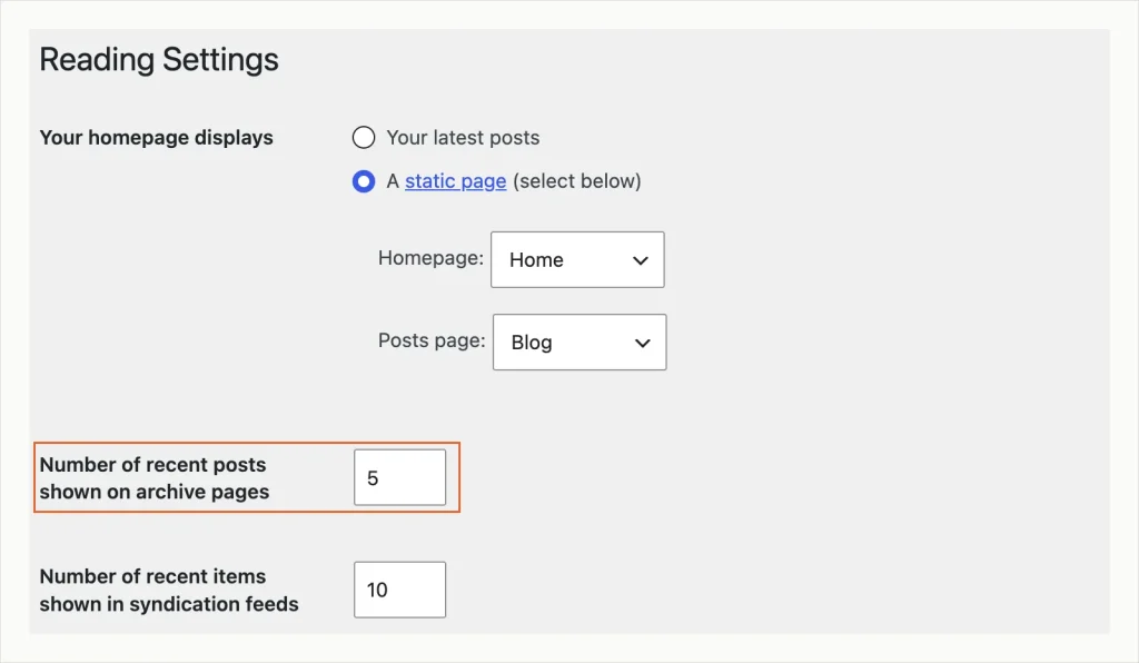 Screenshot of Reading Settings with Homepage set to Home, Posts page set to Blog, and the post count field set to 5.