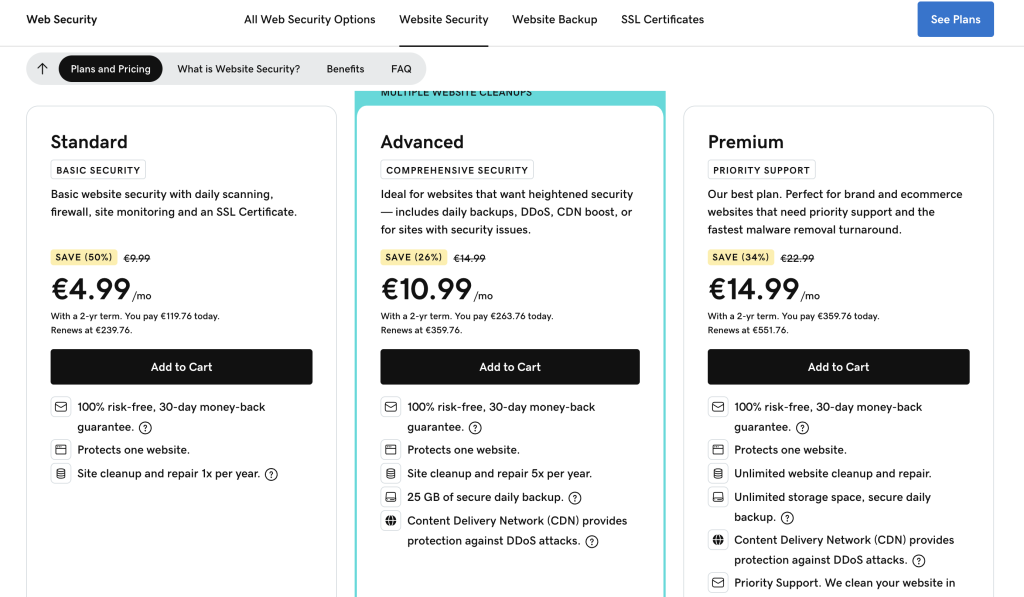 GoDaddy web security plans