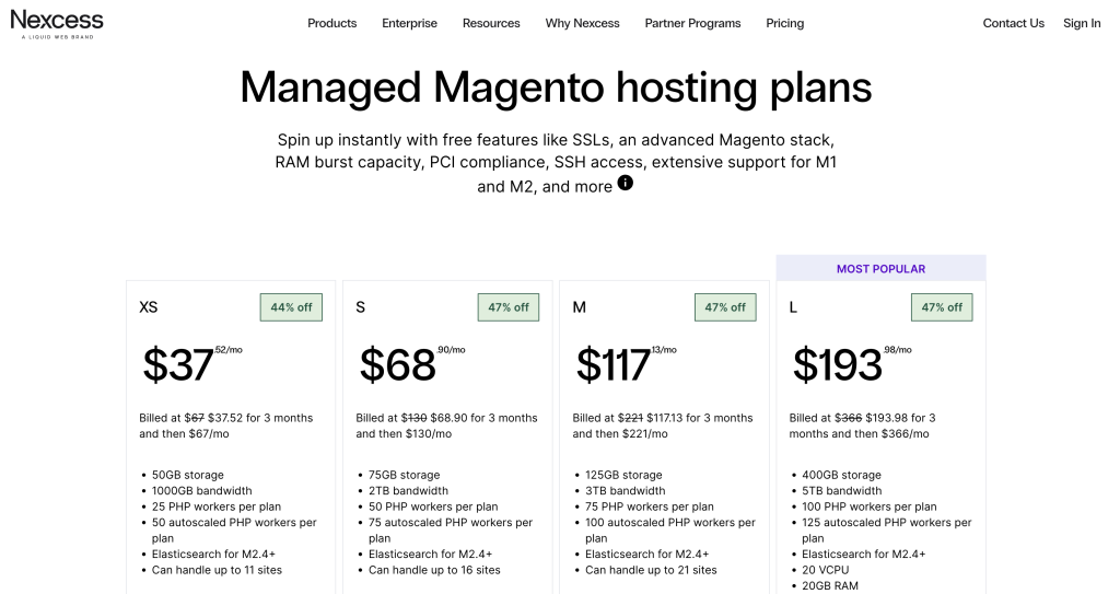 Planos de hospedagem Nexcess Magento