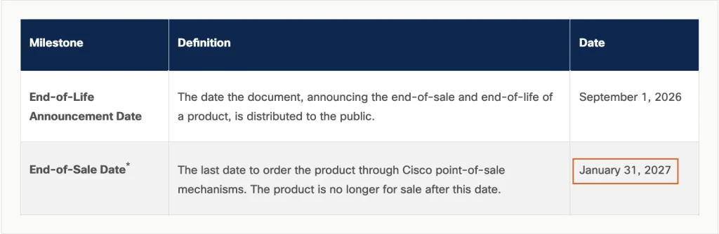 Screenshot of Cisco's end-of-life milestone table for Umbrella SIG and DNS, showing an announcement date of September 1, 2026 and an end-of-sale date of January 31, 2027.