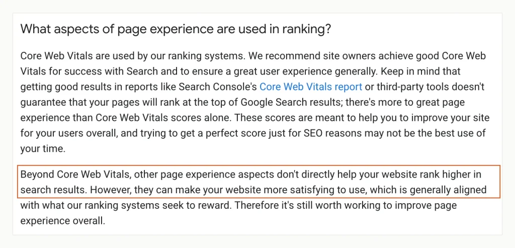 Screenshot of Google's page experience FAQ saying that page experience aspects beyond Core Web Vitals don't directly help a website rank higher in search results.