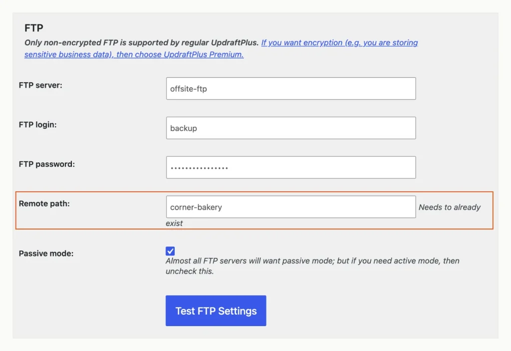 Screenshot of UpdraftPlus 1.26.9 FTP storage settings with fields for server, login and password, and a Remote path field marked Needs to already exist.