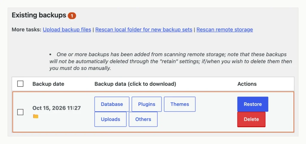 Screenshot of UpdraftPlus on a fresh WordPress site after Rescan remote storage, listing one backup from Oct 15, 2026 11:27 with Database, Plugins, Themes, Uploads and Others.