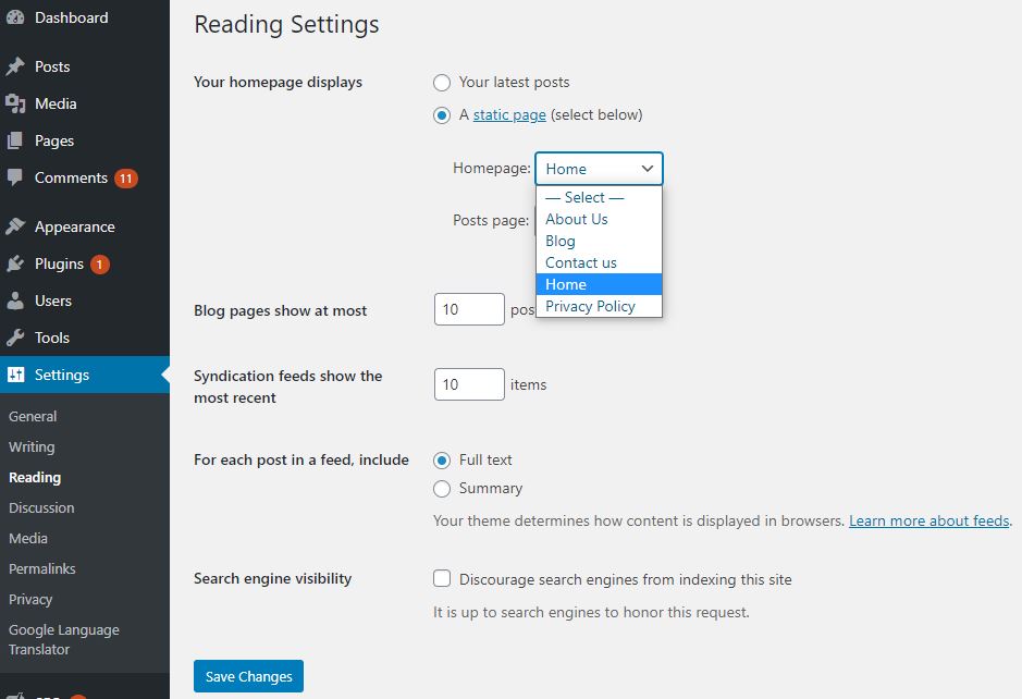 Erstellen Sie eine statische Seite in WordPress