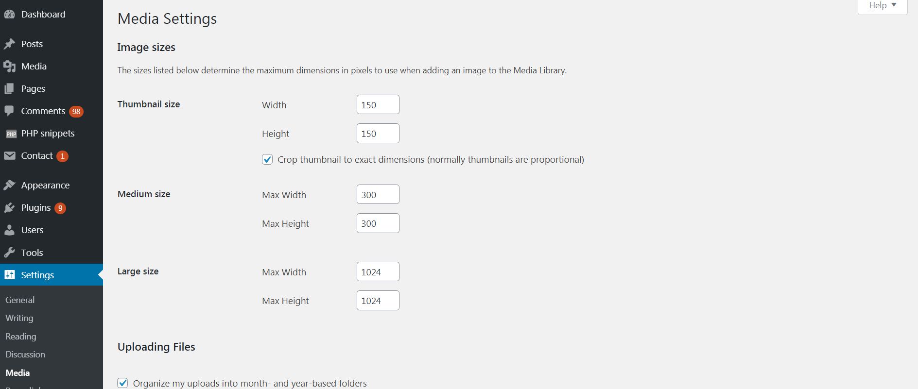 media settings in wordpress