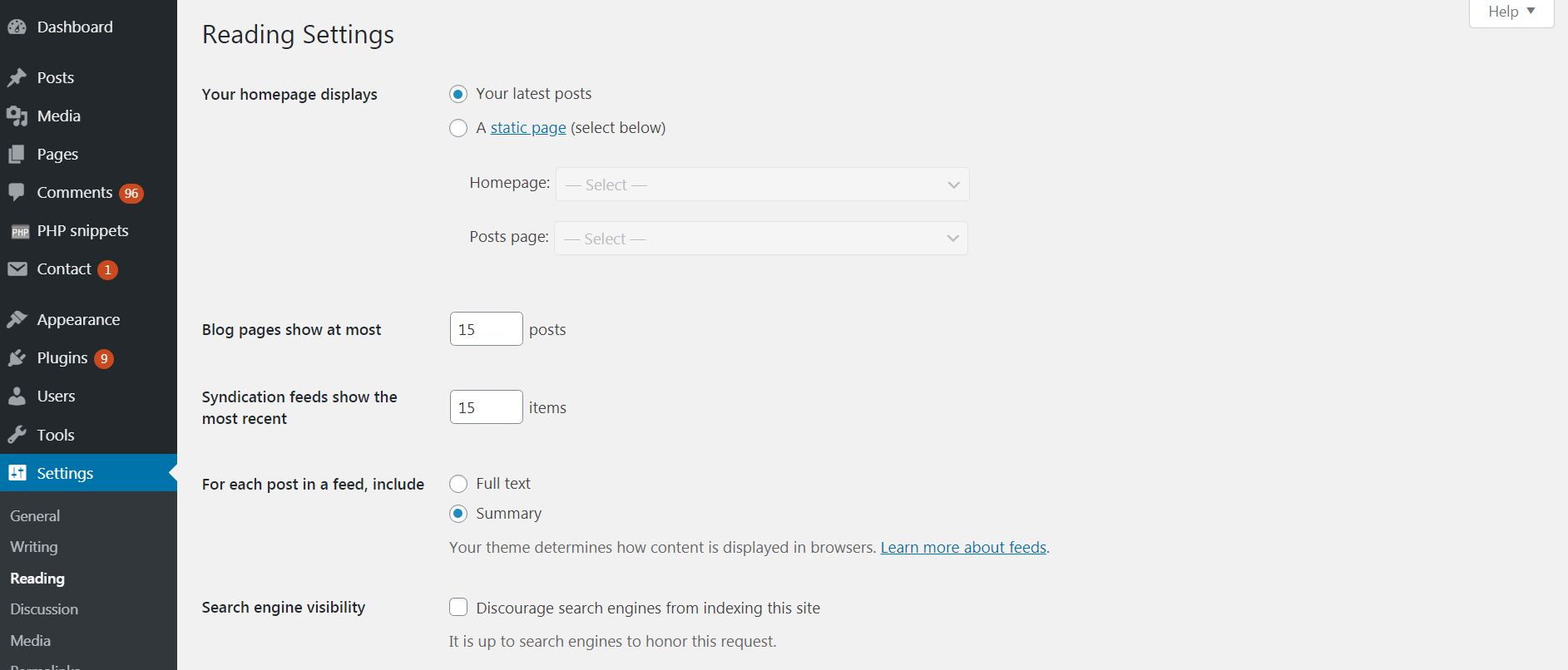 reading settings in wordpress