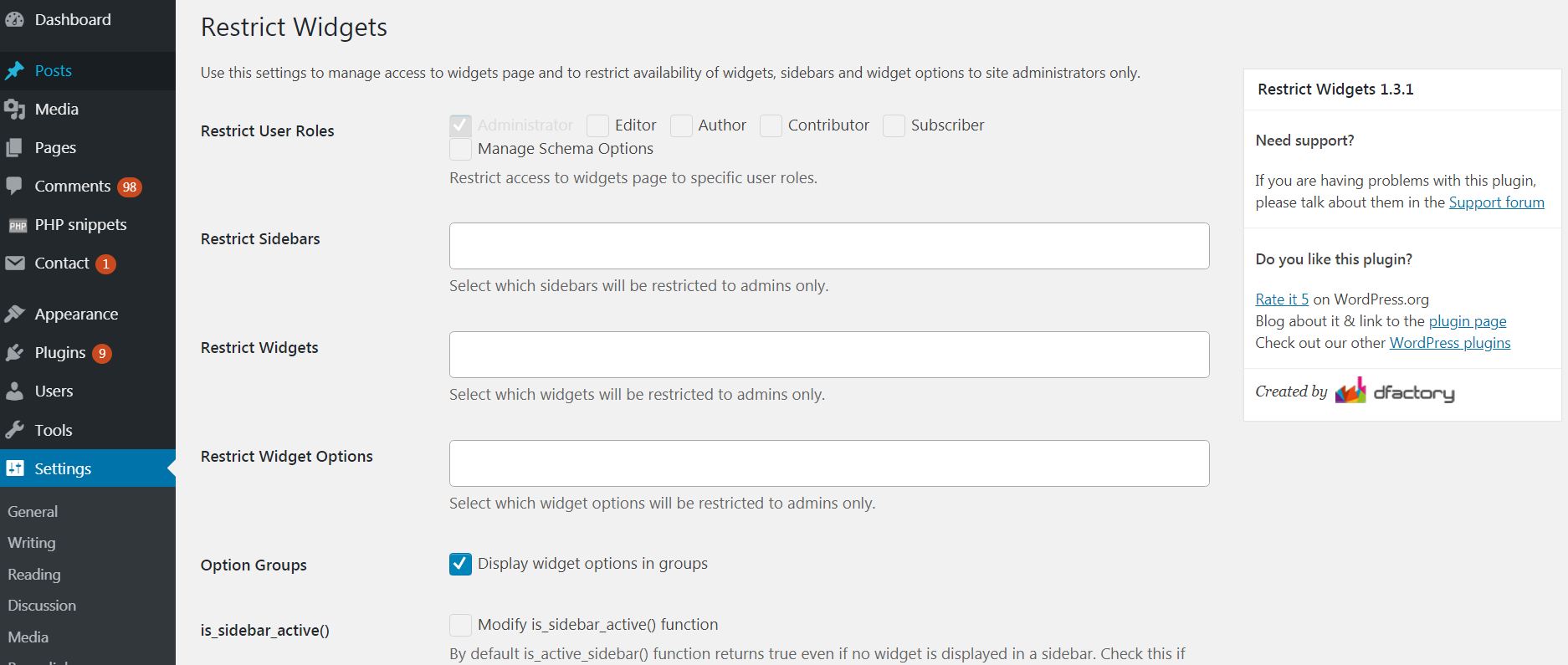 restrict widgets in wordpress