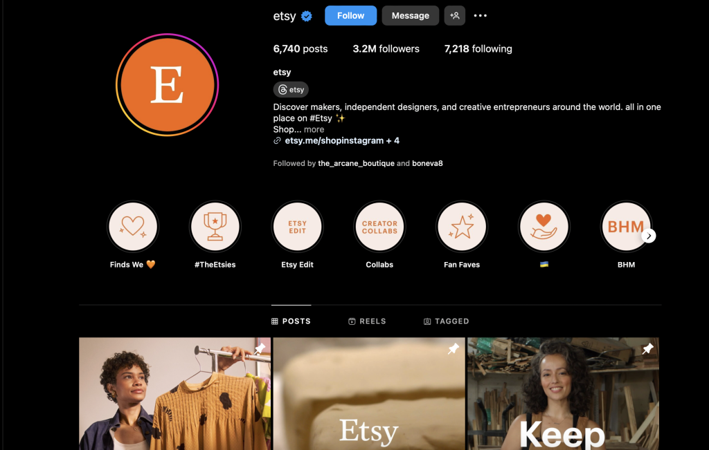 Etsy's Instagram profile