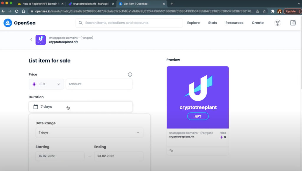 opensea sell nft domain 3