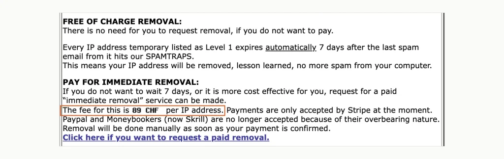 Screenshot of the UCEPROTECT Level 1 removal page: free expiry 7 days after the last spamtrap hit, or paid immediate removal, with the CHF 89 per IP fee outlined