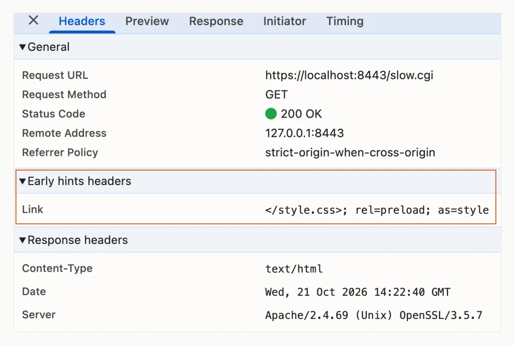 Chrome DevTools Headers tab for slow.cgi, with an Early hints headers section holding a Link preload for style.css above the response headers from Apache 2.4.69.