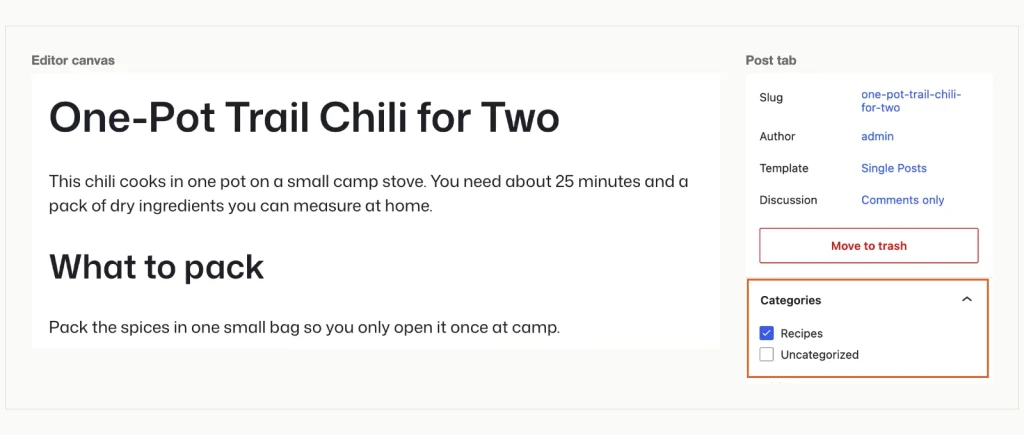 WordPress block editor with a post title, a paragraph and a heading, beside the Post tab showing the slug and the Categories panel with Recipes ticked and Uncategorized unticked.