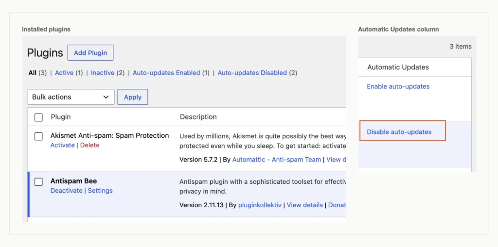 WordPress Plugins screen listing Akismet inactive and Antispam Bee active, with the Automatic Updates column showing Disable auto-updates for Antispam Bee.