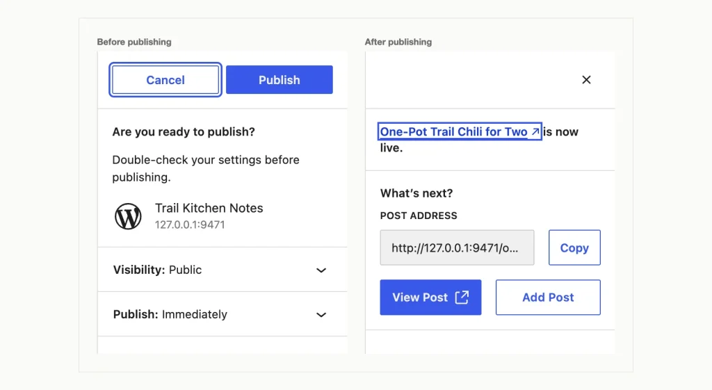 Two WordPress editor panels: the pre-publish check with Visibility Public and Publish Immediately, and the panel confirming the post is now live with its post address.