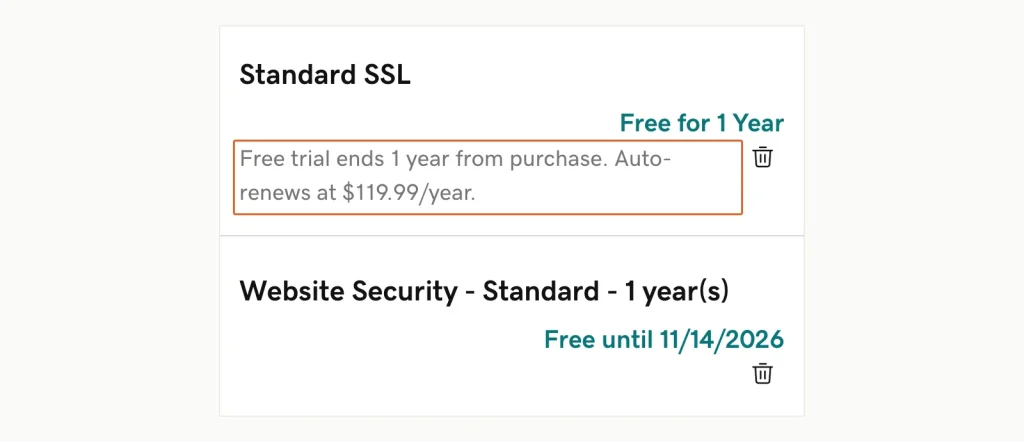 Screenshot of GoDaddy's cart: Standard SSL free for 1 year, then auto-renewing at USD 119.99 a year, and Website Security Standard free until 11/14/2026.