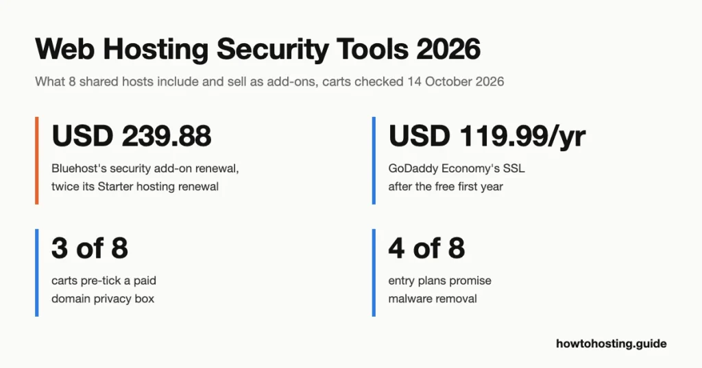 Web hosting security tools 2026 key numbers: 8 shared hosts checked, 8 of 8 include SSL, 4 of 8 promise malware removal on the entry plan, and Bluehost