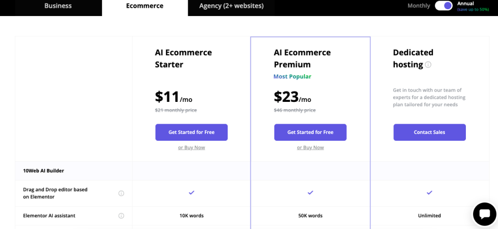 10web.io-planos de comércio eletrônico