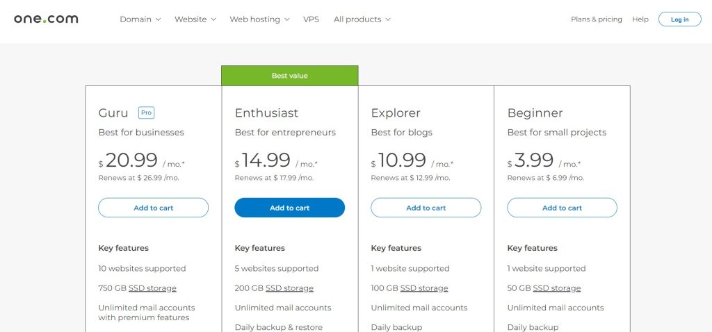 One.com web hosting plans