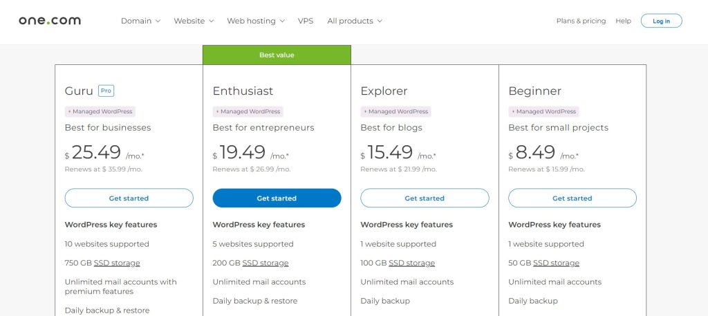 one.com wordpress hosting plans