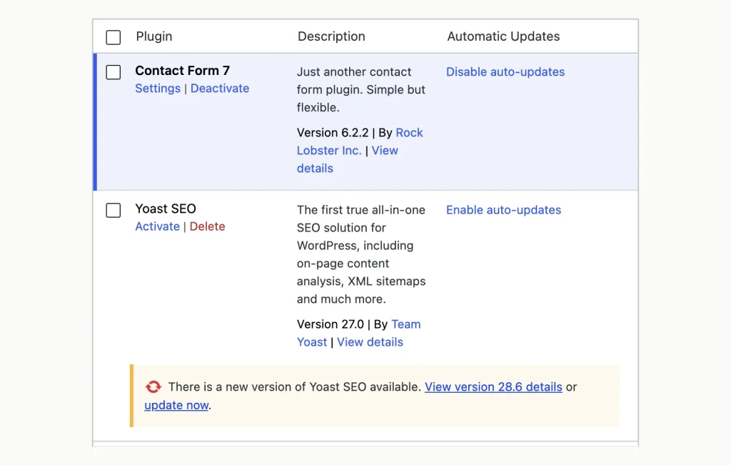 Screenshot of the WordPress Plugins screen listing Contact Form 7 as active with a Disable auto-updates link, and Yoast SEO 27.0 as inactive with a notice that version 28.6 is available.