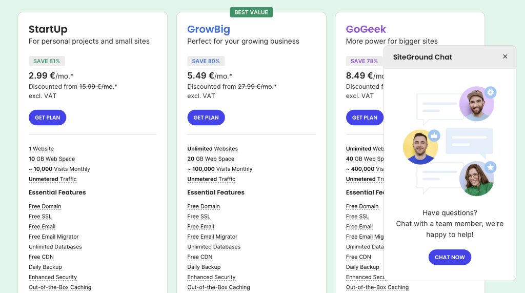 SiteGround plans