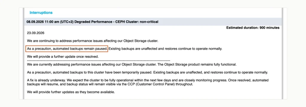 Contabo status page notice dated 8 setembro 2026 about degraded performance of a CEPH cluster, com um 23 September update saying automated backups remain paused