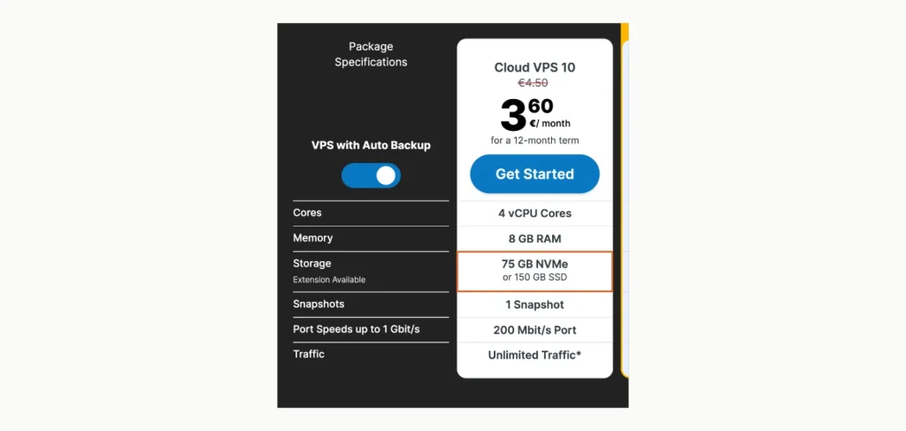 Archived Contabo VPS page from 4 Junho 2026 showing Cloud VPS 10 em euros 3.60 a month on a 12-month term, crossed-out EUR 4.50, com 4 Núcleos de vCPU, 8 GB de RAM e 75 GB NVMe ou 150 GB SSD
