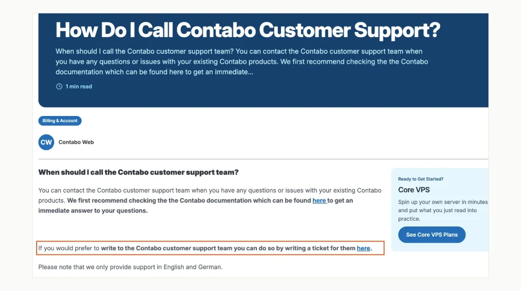 Contabo help article titled How Do I Call Contabo Customer Support, which recommends the documentation and a support ticket and lists no phone number