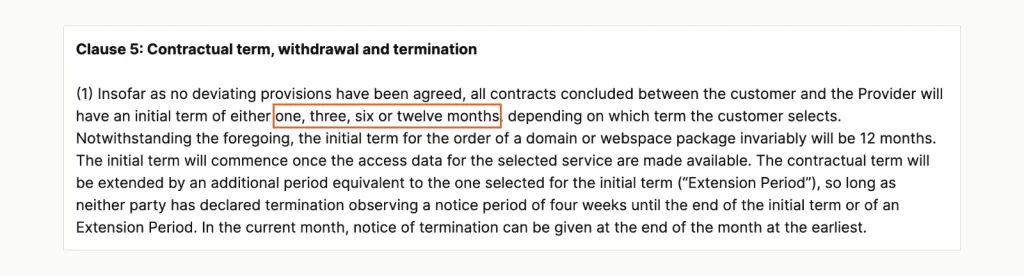 Cláusula 5 of Contabo's terms stating that contracts have an initial term of one, três, six or twelve months and renew for the same period unless cancelled four weeks before the end