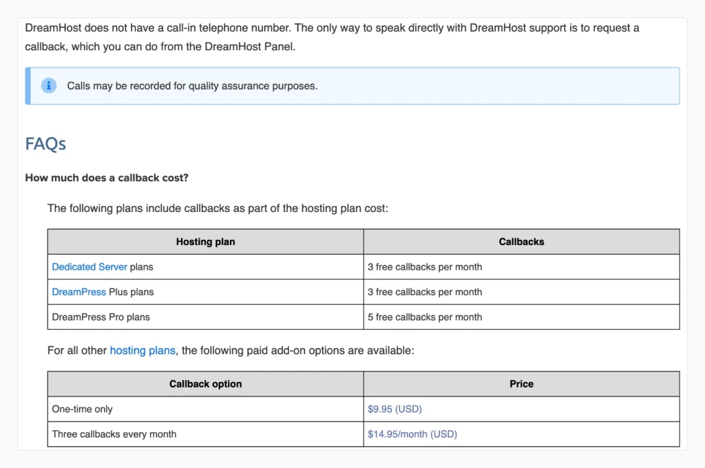 DreamHost knowledge base article stating there is no call-in number and listing callback prices of USD 9.95 once or USD 14.95 a month for three.