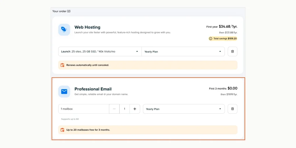 DreamHost cart showing Web Hosting Launch at USD 34.68 durante el primer año, luego USD 131.88 a year, plus a preselected Professional Email mailbox renewing at USD 19.99 un año.