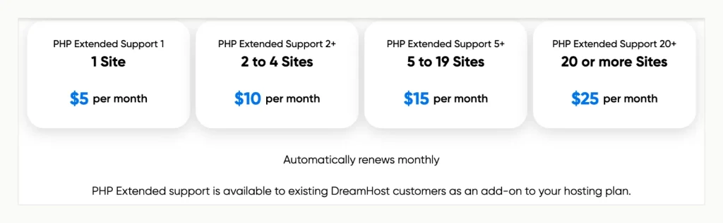 DreamHost PHP Extended Support price tiers: Dólar estadounidense 5 por mes para 1 sitio, 10 for 2 to 4 sitios, 15 for 5ao 19 sitios y 25 fpara20 o más.