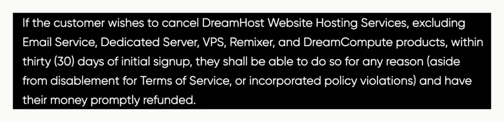 DreamHost terms of service clause limiting the 30-day refund to website hosting and excluding Email Service, Servidor dedicado, VPS, Remixer and DreamCompute.
