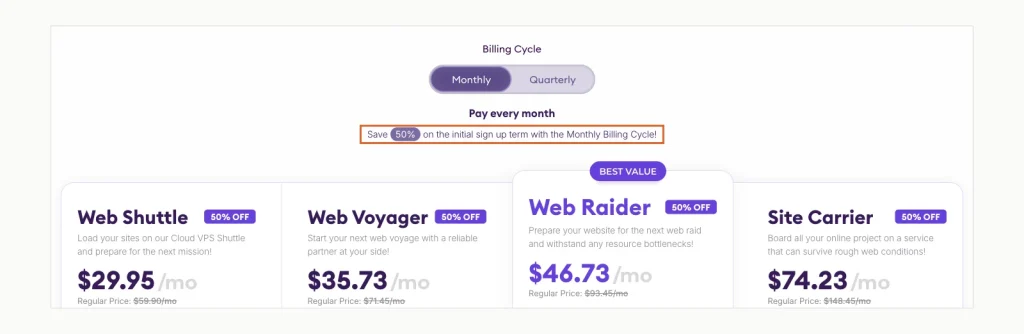 HostArmada Cloud Servers pricing with the note Save 50% on the initial sign up term, above Web Shuttle at USD 29.95 with a regular price of USD 59.90.
