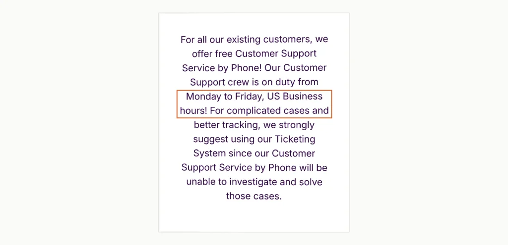 HostArmada support page text stating phone support runs Monday to Friday in US business hours and cannot investigate complicated cases.