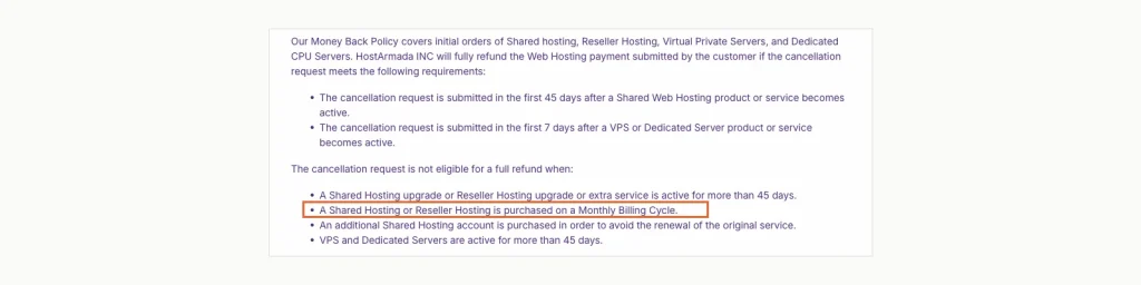 HostArmada refund policy listing 45 días para hosting compartido, 7 días para VPS, and no full refund for shared or reseller plans bought on a monthly billing cycle.